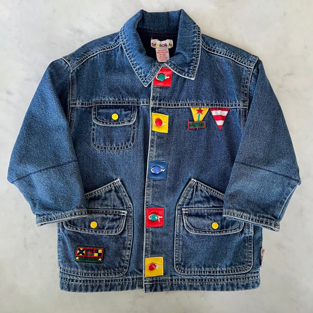 Vintage 90s Kids' Denim Jacket with Primary Color Patches by Gymboree / S 5 6